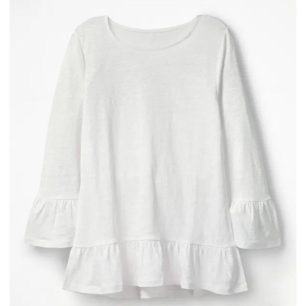 BODEN Linen Flare Jersey Top Ivory White Ruffle Size Large 3/4 Sleeve L